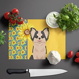 Caroline's Treasures WDK5362LCB Summer Sunflowers Longhaired Black and White #2 Chihuahua Glass Cutting Board Large Decorative Tempered Glass Kitchen Cutting and Serving Board Large Size Chopping Boar