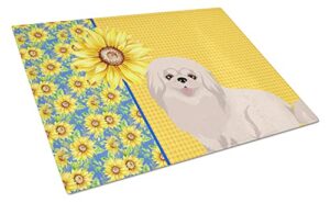 caroline's treasures wdk5456lcb summer sunflowers white pekingese glass cutting board large decorative tempered glass kitchen cutting and serving board large size chopping board