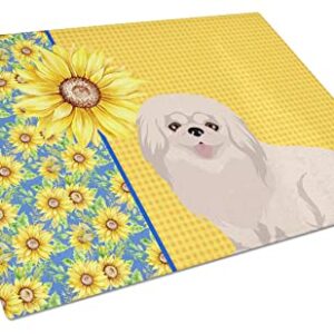 Caroline's Treasures WDK5456LCB Summer Sunflowers White Pekingese Glass Cutting Board Large Decorative Tempered Glass Kitchen Cutting and Serving Board Large Size Chopping Board