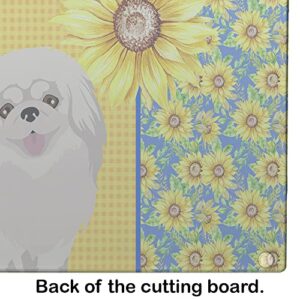 Caroline's Treasures WDK5456LCB Summer Sunflowers White Pekingese Glass Cutting Board Large Decorative Tempered Glass Kitchen Cutting and Serving Board Large Size Chopping Board