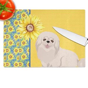 Caroline's Treasures WDK5456LCB Summer Sunflowers White Pekingese Glass Cutting Board Large Decorative Tempered Glass Kitchen Cutting and Serving Board Large Size Chopping Board