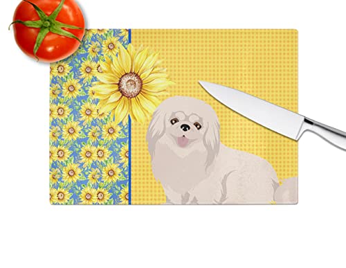 Caroline's Treasures WDK5456LCB Summer Sunflowers White Pekingese Glass Cutting Board Large Decorative Tempered Glass Kitchen Cutting and Serving Board Large Size Chopping Board