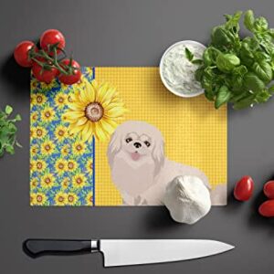 Caroline's Treasures WDK5456LCB Summer Sunflowers White Pekingese Glass Cutting Board Large Decorative Tempered Glass Kitchen Cutting and Serving Board Large Size Chopping Board