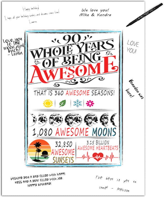 90 Years Of Being Awesome, 90th birthday Signature Board for Best Friend Boyfriend Girlfriend Husband Wife, 90th Birthday Gift Ideas (11 inches by 17 inches)