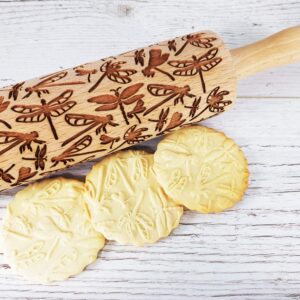 DRAGONFLY EMBOSSING ROLLING PIN WOODEN EMBOSSING ROLLING PIN with DRAGONFLY for EMBOSSED COOKIES GIFT for MOTHER FRIEND