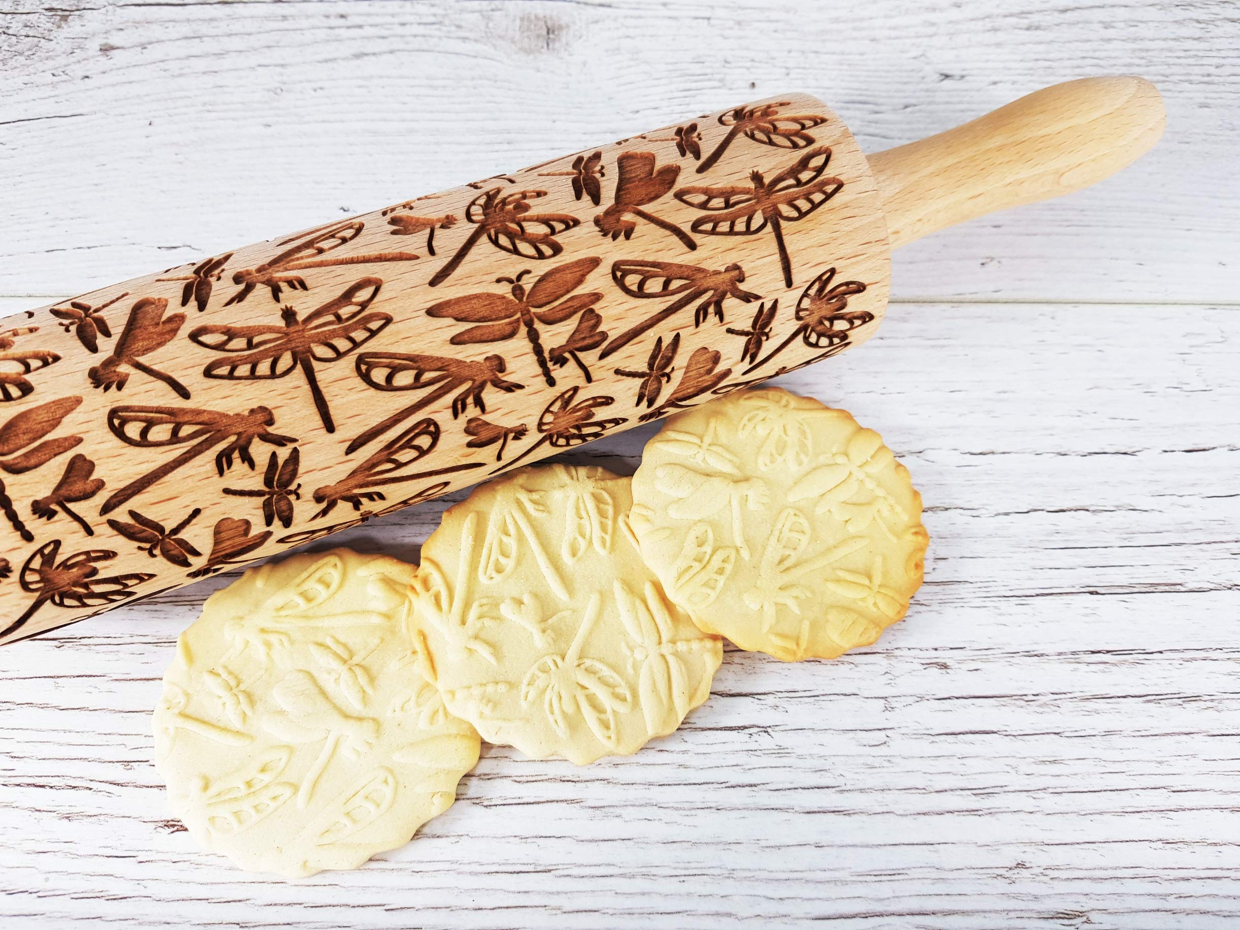 DRAGONFLY EMBOSSING ROLLING PIN WOODEN EMBOSSING ROLLING PIN with DRAGONFLY for EMBOSSED COOKIES GIFT for MOTHER FRIEND