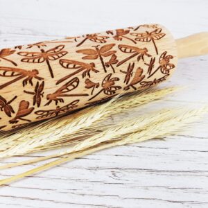 DRAGONFLY EMBOSSING ROLLING PIN WOODEN EMBOSSING ROLLING PIN with DRAGONFLY for EMBOSSED COOKIES GIFT for MOTHER FRIEND