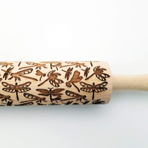 DRAGONFLY EMBOSSING ROLLING PIN WOODEN EMBOSSING ROLLING PIN with DRAGONFLY for EMBOSSED COOKIES GIFT for MOTHER FRIEND