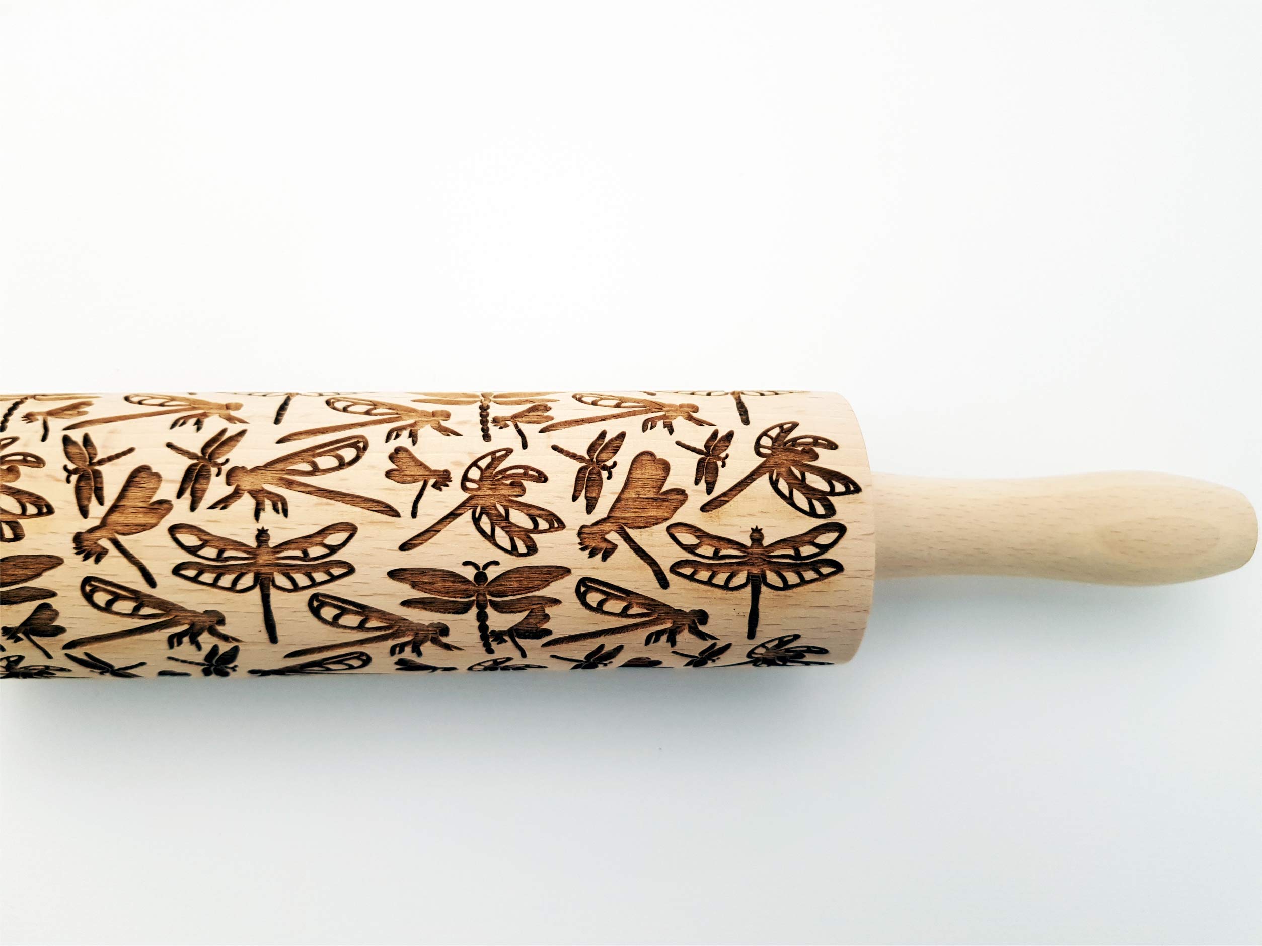 DRAGONFLY EMBOSSING ROLLING PIN WOODEN EMBOSSING ROLLING PIN with DRAGONFLY for EMBOSSED COOKIES GIFT for MOTHER FRIEND