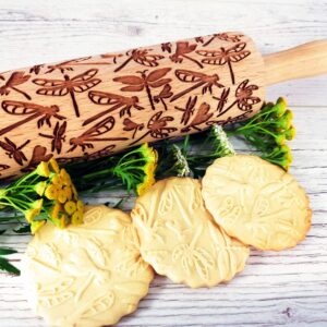 DRAGONFLY EMBOSSING ROLLING PIN WOODEN EMBOSSING ROLLING PIN with DRAGONFLY for EMBOSSED COOKIES GIFT for MOTHER FRIEND