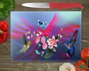hummingbirds and butterflies glass cutting board