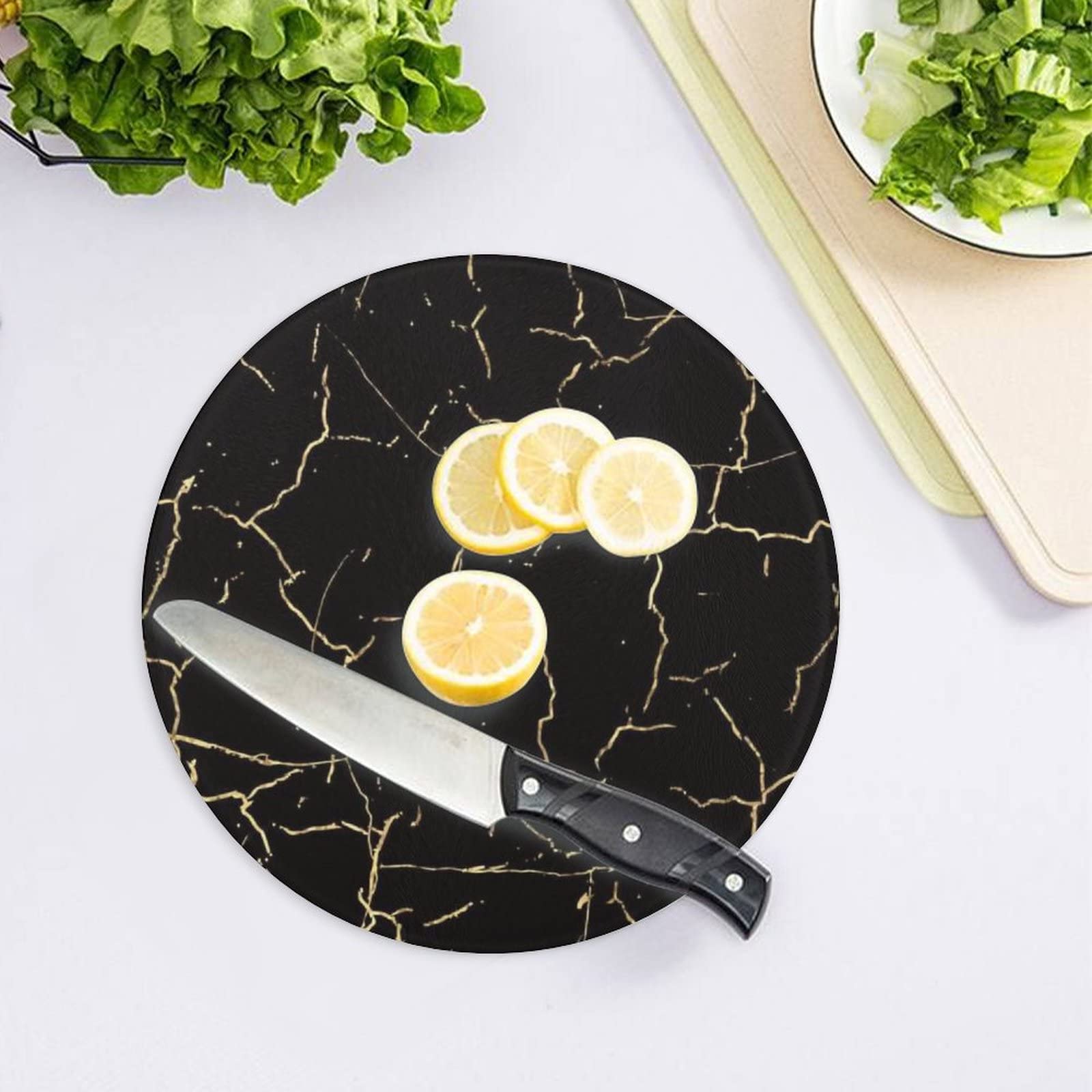 Bagea-Ka Black Marble Pattern Tempered Glass Cutting Board 8" Round Kitchen Decorative Chopping Board Small