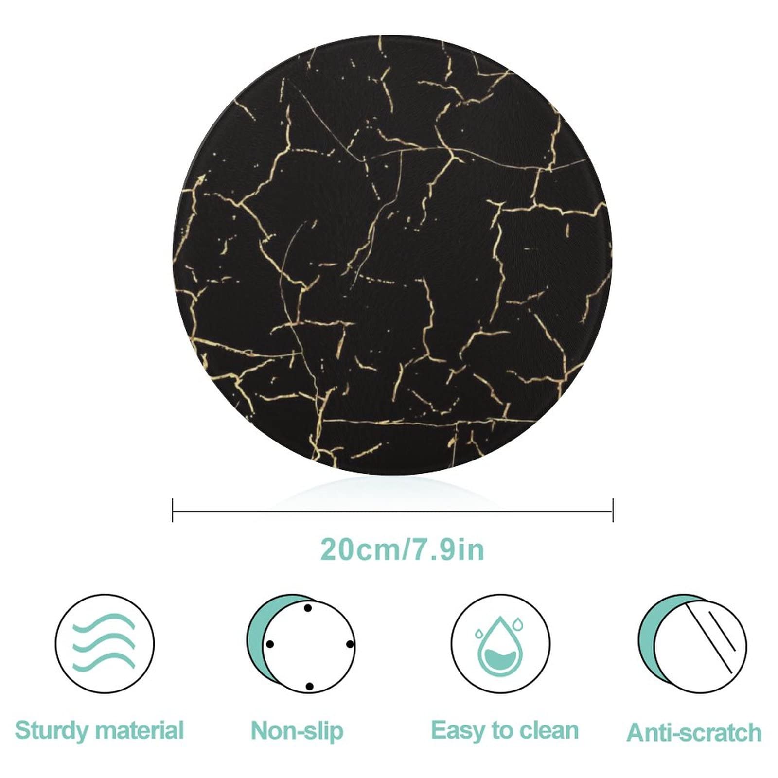 Bagea-Ka Black Marble Pattern Tempered Glass Cutting Board 8" Round Kitchen Decorative Chopping Board Small