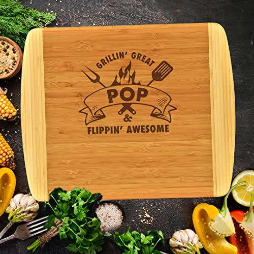 Pop Gift – Grillin Great Flippin Awesome Engraved 2-Tone Bamboo Cutting Board Custom Made For BBQ Grilling Fathers Day Birthday Christmas Grandpa Pop Pop Gifts From Grandkids Grandchildren (11.5x13.5)