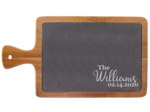 personalized acacia and slate cutting board. 9 engraving options. 2 sizes. custom wedding gift for couple, newlyweds, anniversary. closing gift. realtor gift. engraved slate/acacia cutting board