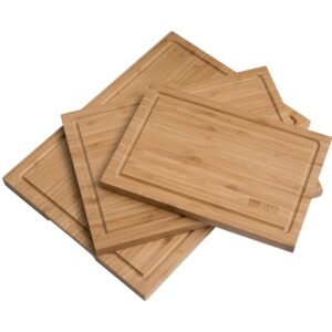 slice bright bamboo cutting board 3-piece kitchen set with juice groove - wooden chopping boards - serving tray with handles - extra large, large and medium gift set