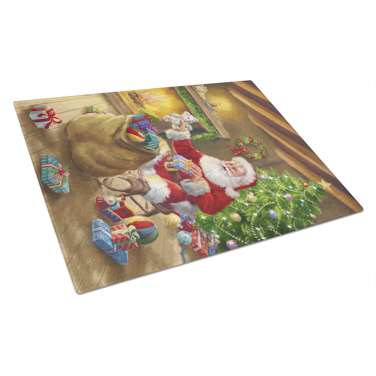 Caroline's Treasures APH5793LCB Christmas Santa Claus Unloading Toys Glass Cutting Board Large Decorative Tempered Glass Kitchen Cutting and Serving Board Large Size Chopping Board