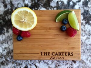 personalized wedding gift for couples - custom cutting board gift for parents (6" x 8" single tone mini bar board, carter design) - wedding shower gift for him and her