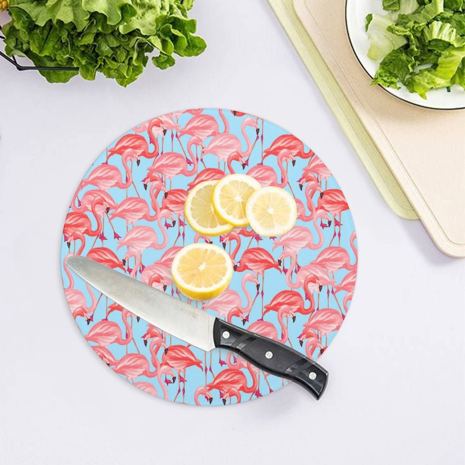 Tropical Pink Flamingo Glass Cutting Board Round Kitchen Decorative Chopping Blocks Mats Food Tray for Men Women