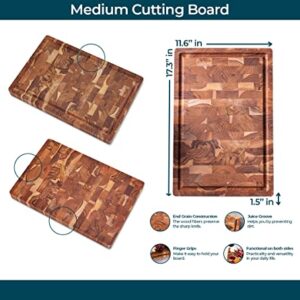Weekolor, Medium Butcher Block Cutting Board, Teak Wood End Grain, Thick Prep Station 17.3x11.6x1.5 in, Juice Groove, Reversible Charcuterie Board, Vegetable, Bread, Cheese Board (Gift Box Included)