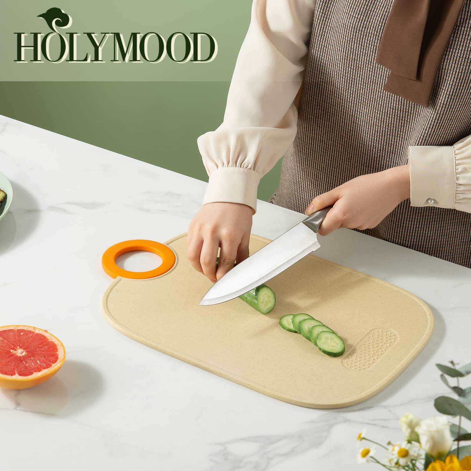 Holymood Cutting Board for Kitchen, Chopping Board with Juice Grooves, Dishwasher Safe, Cute Wheat Straw Non-Porous Cutting Boards , Easy-Grip Handle, Non-slip, Grinding Area