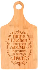 mimi presents mimi's kitchen where the secret ingredient is love paddle shaped bamboo cutting board