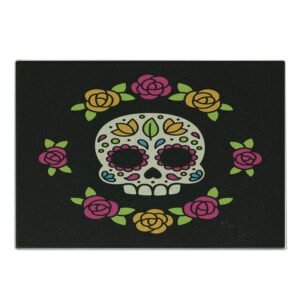 ambesonne sugar skull cutting board, dia de los muertos concept colorful graphic skull with floral wreath, decorative tempered glass cutting and serving board, large size, black multicolor