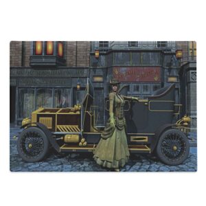 ambesonne victorian cutting board, lady wearing old style dress vintage car in street mechanic industrial era print, decorative tempered glass cutting and serving board, large size, multicolor