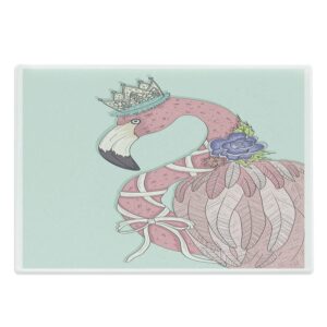 lunarable flamingo cutting board, flamingo flower crown ribbon art, decorative tempered glass cutting and serving board, large size, pale blue pale pink