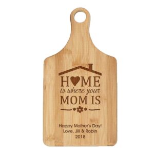 engraved home is where your mom is paddle cutting board, personalized mother's day gift, made of durable bamboo, 7" w x 13.5" l