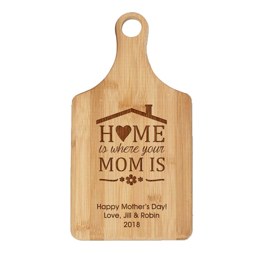 Engraved Home is Where Your Mom is Paddle Cutting Board, Personalized Mother's Day Gift, Made of Durable Bamboo, 7" W x 13.5" L