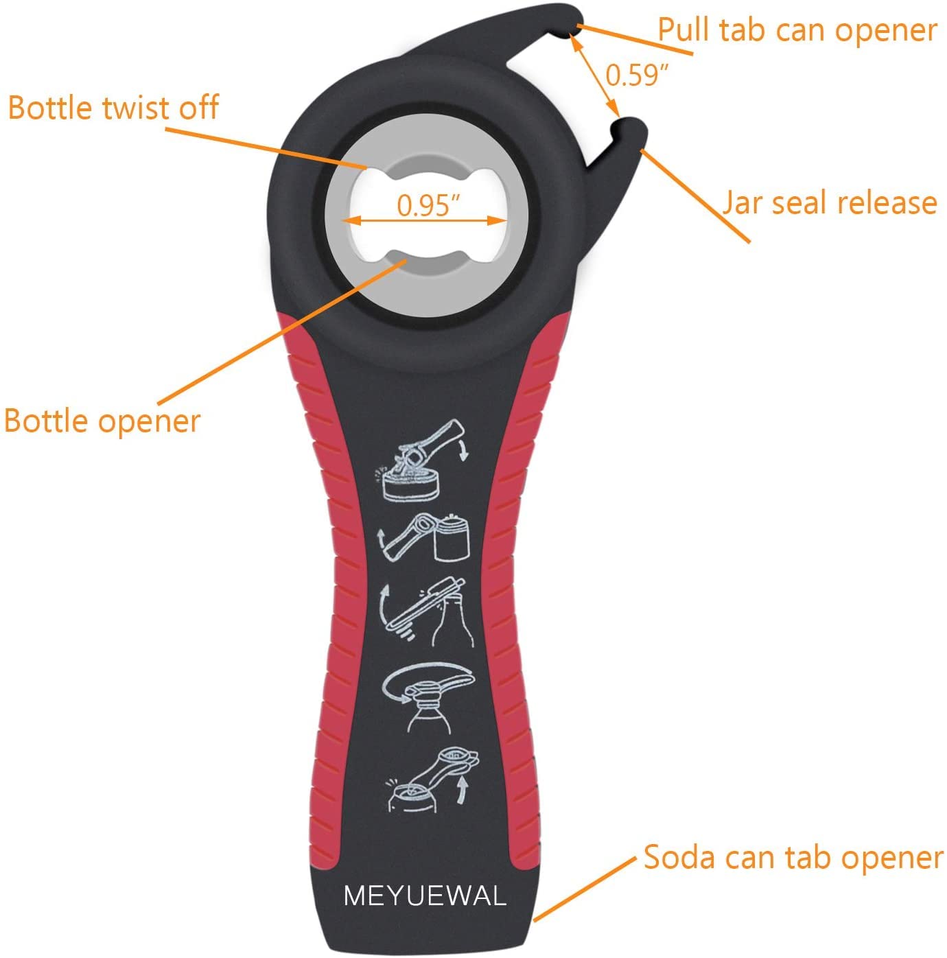 Jar Opener- Pad Rubber Jar Can Lid Opener, 5 in 1 Multi Function Can Opener Bottle Opener Kit with Silicone Handle Easy to Use for Children, Elderly and Arthritis Sufferers (JAR+D RED)