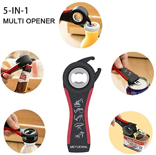 Jar Opener- Pad Rubber Jar Can Lid Opener, 5 in 1 Multi Function Can Opener Bottle Opener Kit with Silicone Handle Easy to Use for Children, Elderly and Arthritis Sufferers (JAR+D RED)