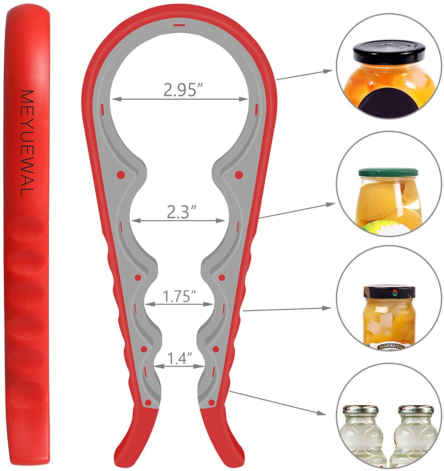 Jar Opener- Pad Rubber Jar Can Lid Opener, 5 in 1 Multi Function Can Opener Bottle Opener Kit with Silicone Handle Easy to Use for Children, Elderly and Arthritis Sufferers (JAR+D RED)