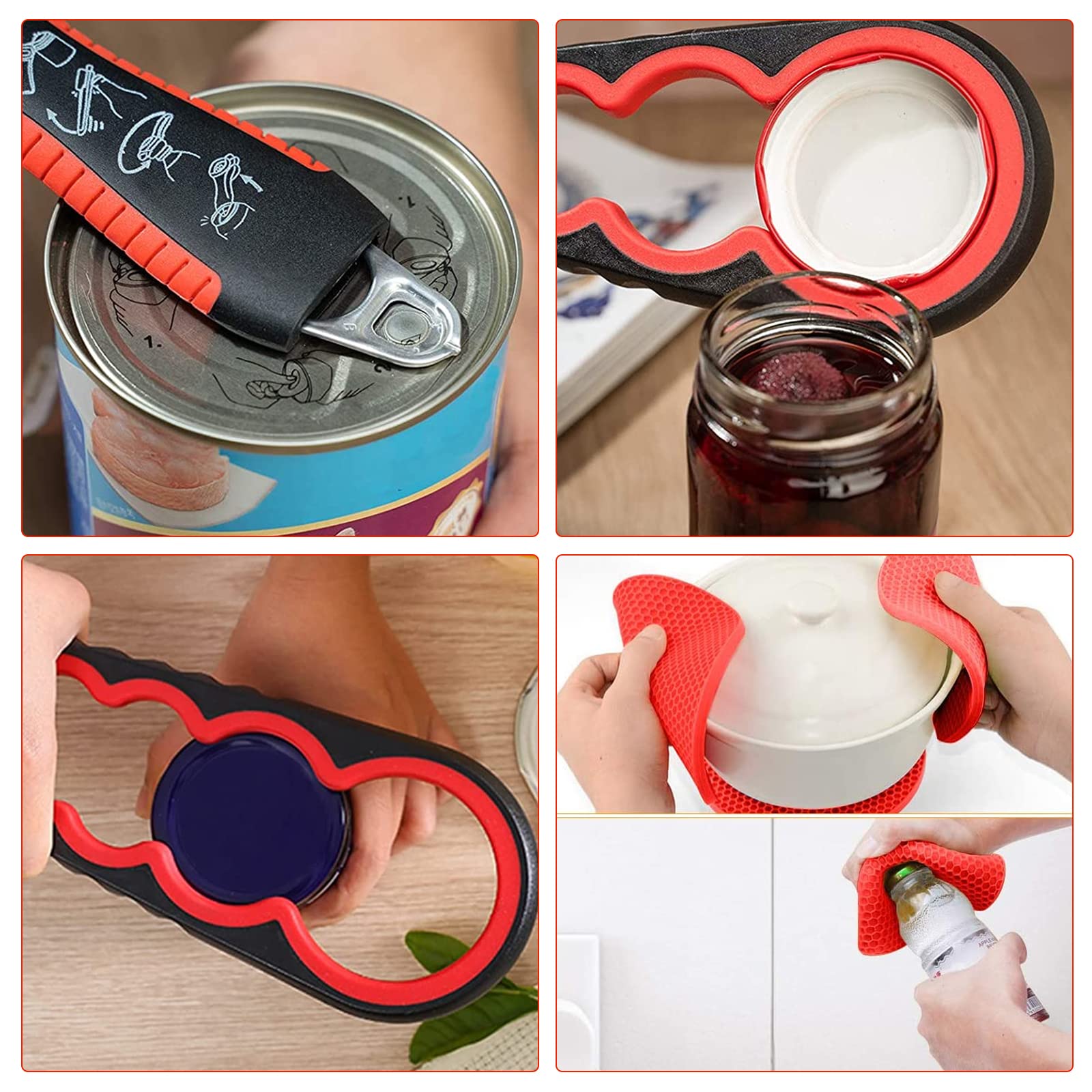 Jar Opener for Weak Hands - Jar Opener for Seniors with Arthritis, Rubber Grip Jar Opener 5 in 1 Bottle and Can Opener 4 in 1 Non Slip Jar Lid Opener Grip Pad