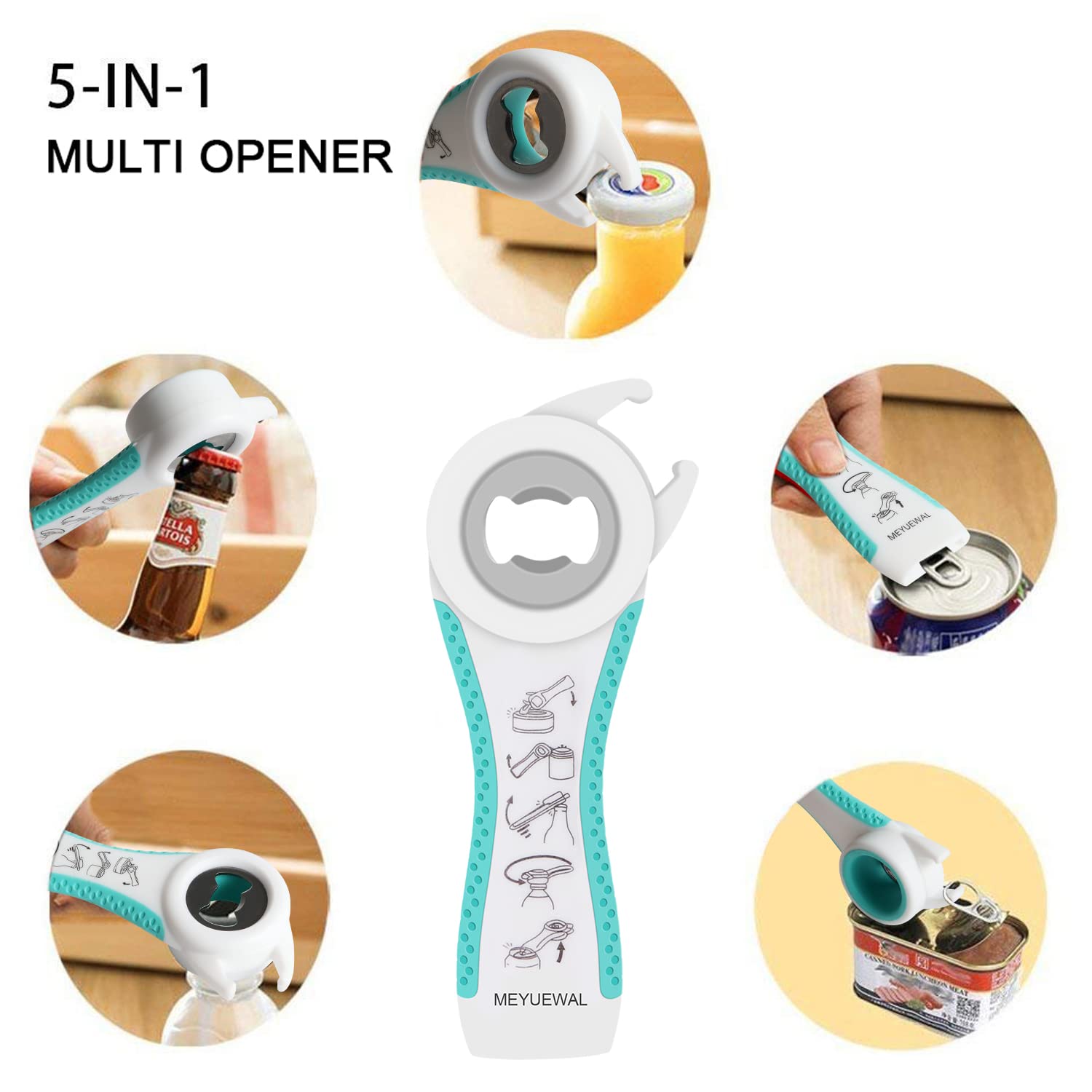 MEYUEWAL Jar Opener for Weak Hands - 5 in 1 Multi Function Can Opener Bottle Opener Kit with Silicone Handle Easy to Use for Children, Elderly and Arthritis Sufferers (White Green）