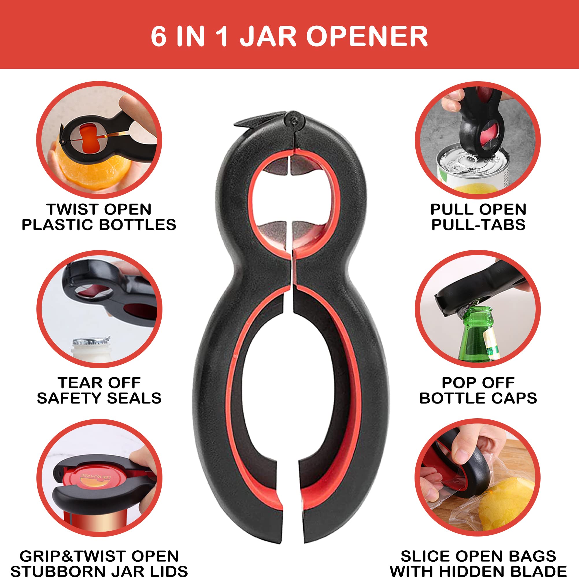 Jar Opener for Weak Hands, Easy Twist Jar Opener For Seniors with Arthritis, 5 in 1 Multi Function Bottle Opener Lid Opener For Arthritic Hands with Non Slip Rubber Jar Gripper Pad (Red)