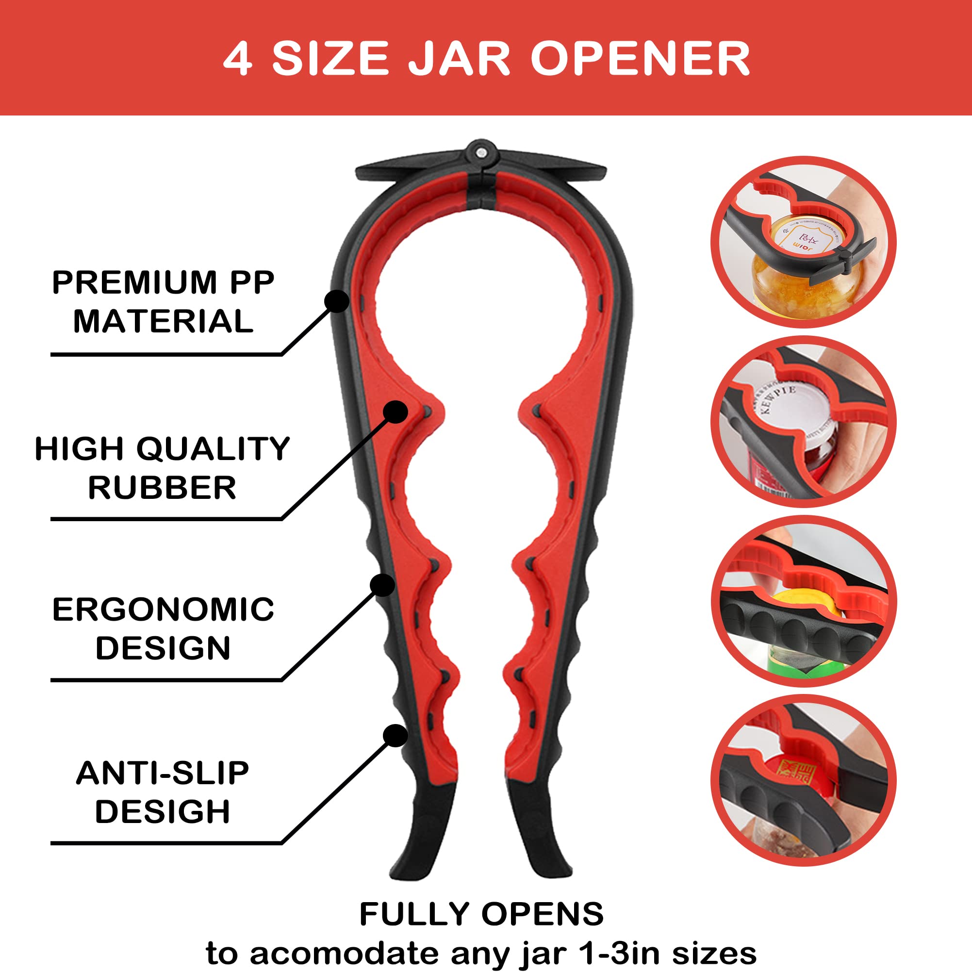 Jar Opener for Weak Hands, Easy Twist Jar Opener For Seniors with Arthritis, 5 in 1 Multi Function Bottle Opener Lid Opener For Arthritic Hands with Non Slip Rubber Jar Gripper Pad (Red)