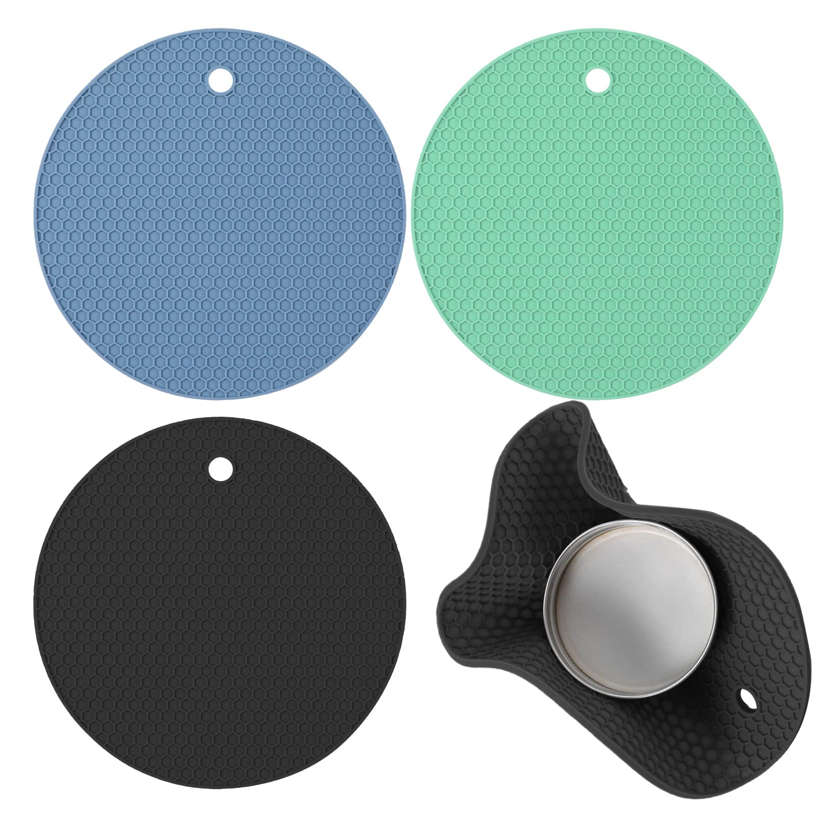 3pcs Silicone Jar Opener Gripper Pad, 18cm/7 Inch Jar Gripper Pad Multi-Purpose Round Honeycomb Jar Opener Kitchen Heat Resistant Mat for Weak Hands Seniors Kids (Green, Blue, Black)