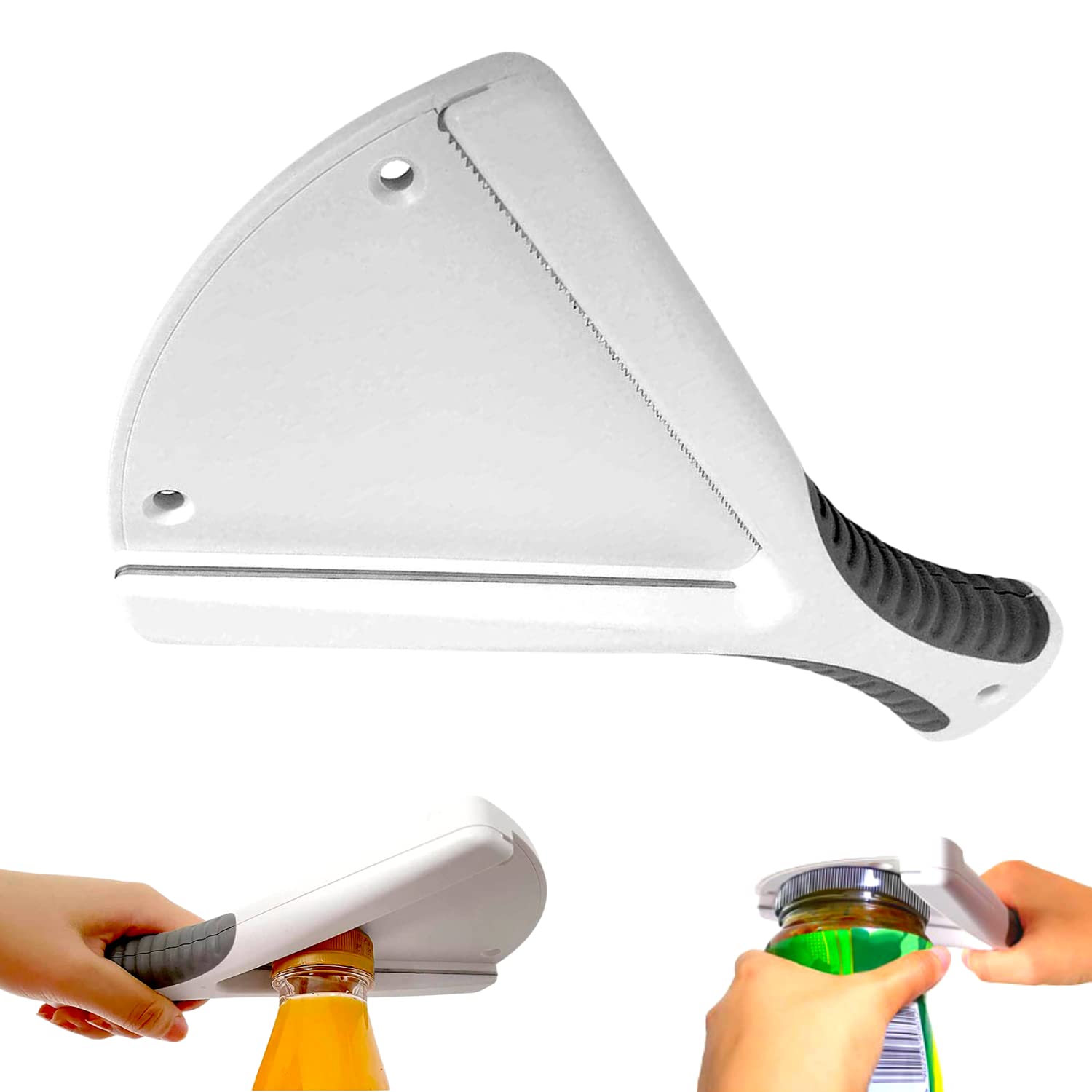 Jar Opener Kitchen Gadget, Ideal for Weak Hands or Seniors with Arthritis, Easy to Use, Handheld or Mountable, Opens Lids and Bottle Caps, Includes Under Cabinet Mounting Screws (White)