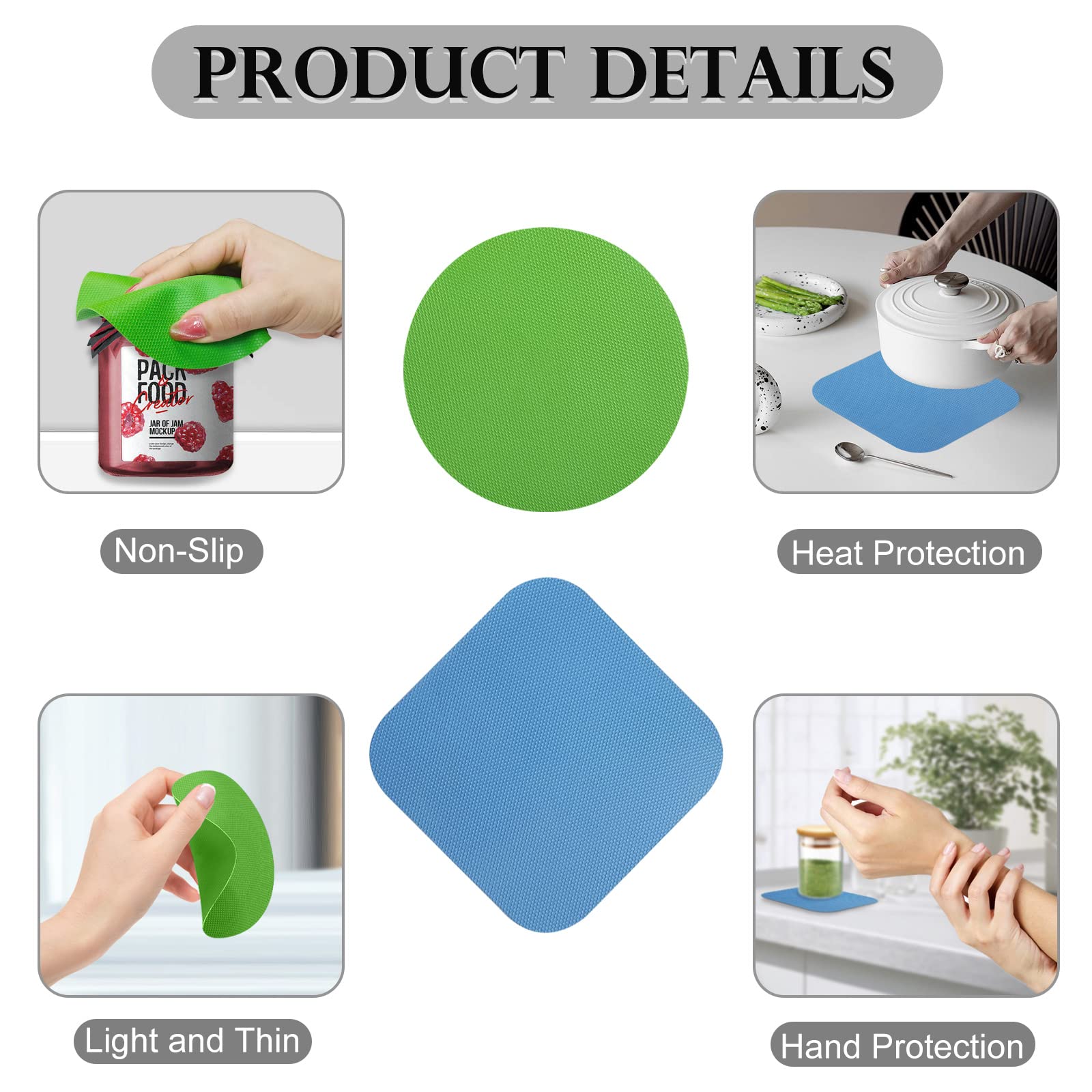 6pcs Jar Opener Gripper Pads, Rubber Multi-function Jar Bottle Lid Opener for Weak Hands Seniors with Arthritis Hands Kitchen Smart Silicone Heat Jar Opener Coasters Pad (Blue and Green)