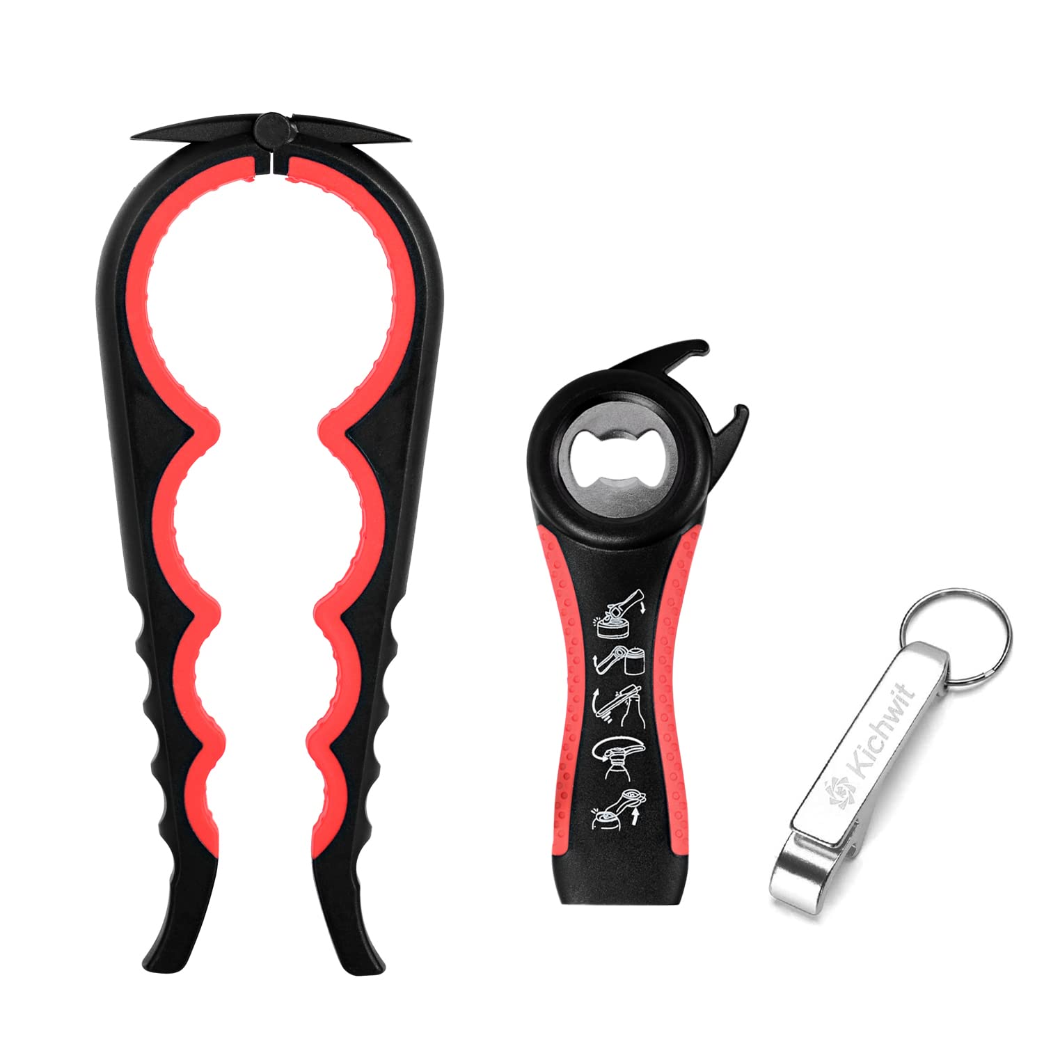 Kichwit Jar Opener for Weak Hands, Bottle Opener, Easy to Use (Red & Black)