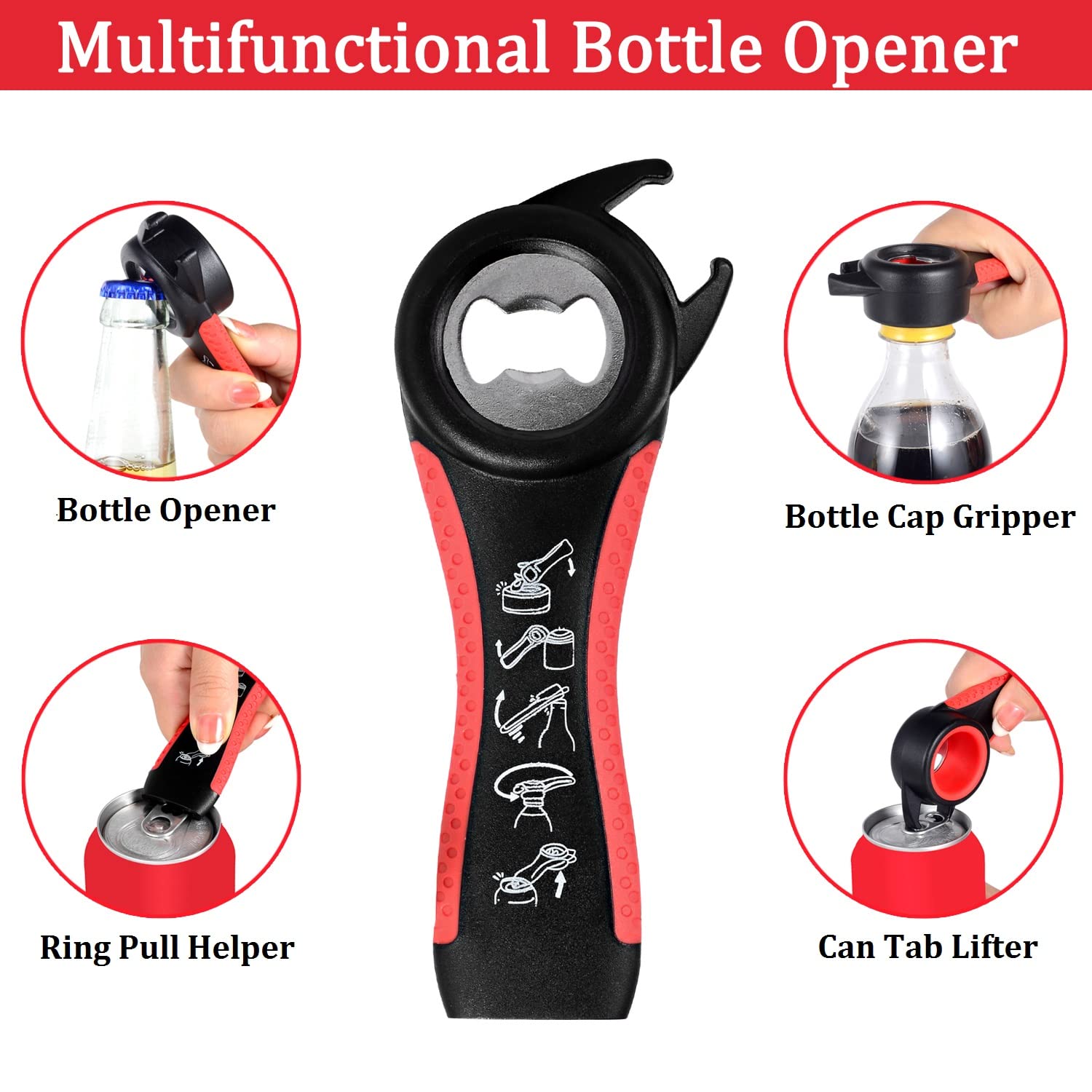 Kichwit Jar Opener for Weak Hands, Bottle Opener, Easy to Use (Red & Black)