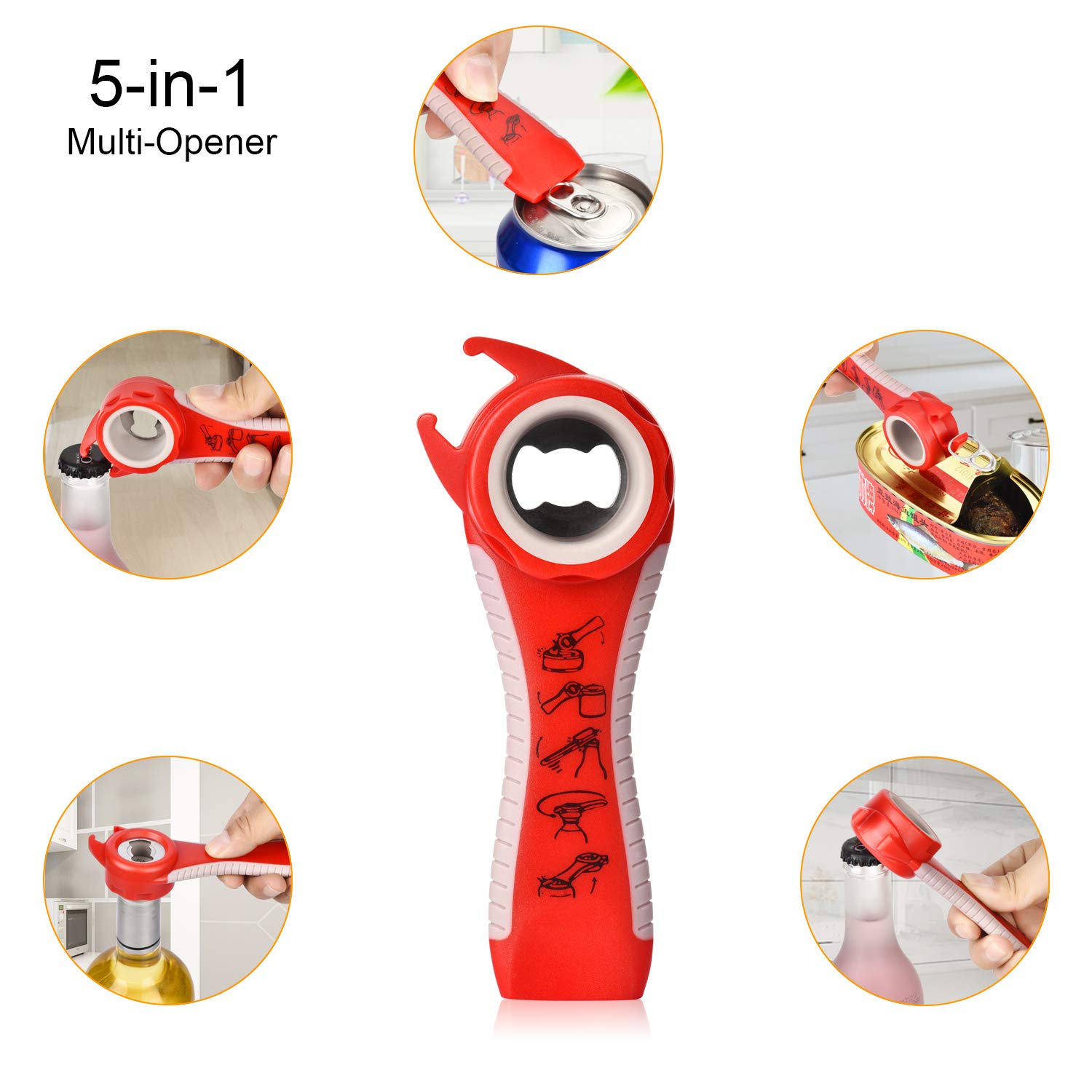 Asenky Jar Opener, 5 in 1 Multi Function Non-Slip Can Opener Bottle Openers Kit with Silicone Handle Easy to Use for Children Arthritis Elderly and Women