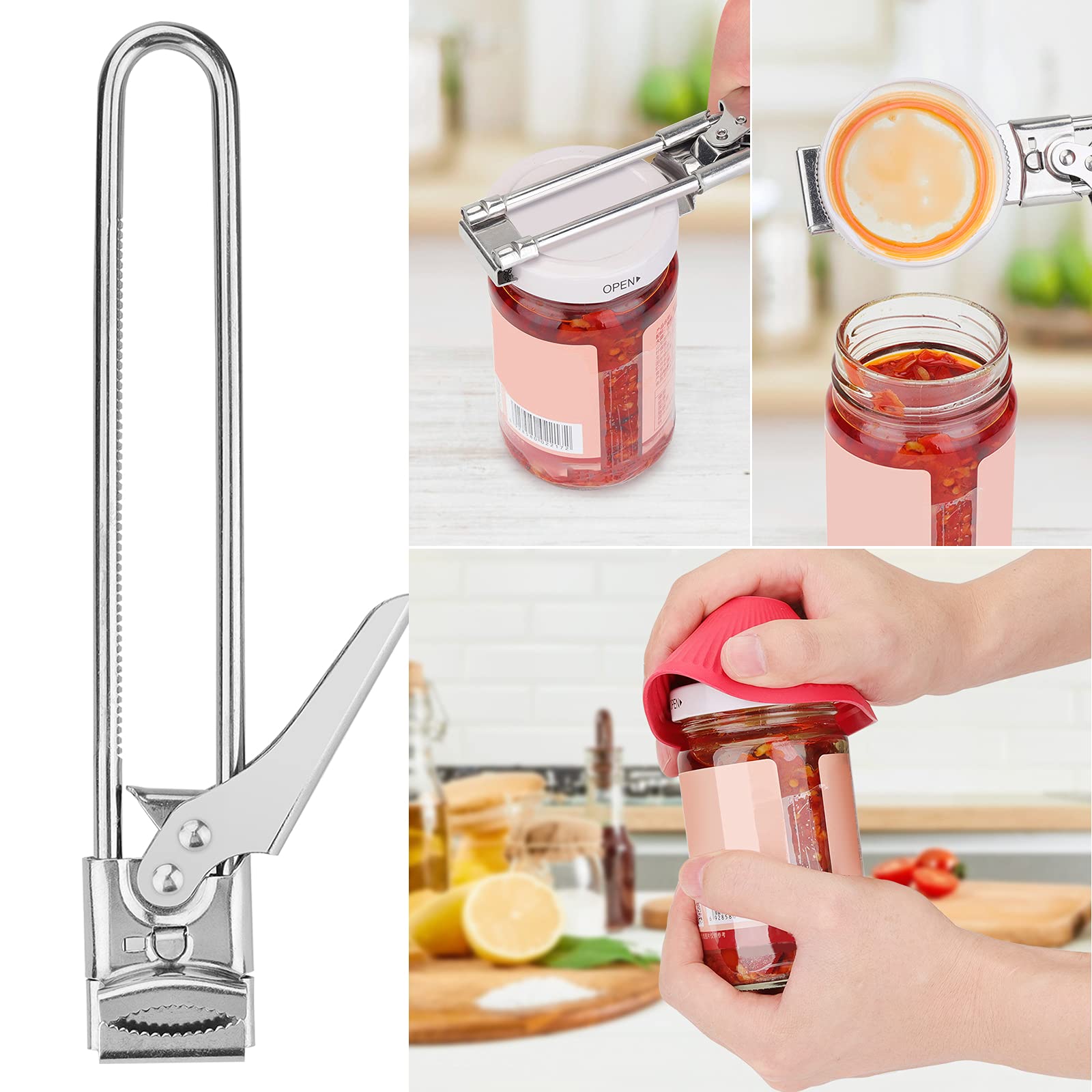 LUHUIYUAN Jar Opener for Seniors with Arthritis Jar Adjustable Stainless Steel Can Opener with Lip Gripper Pad Set Kitchen Gadgets Fit for Most Bottles Caps 9.45-Inch plus Extended version