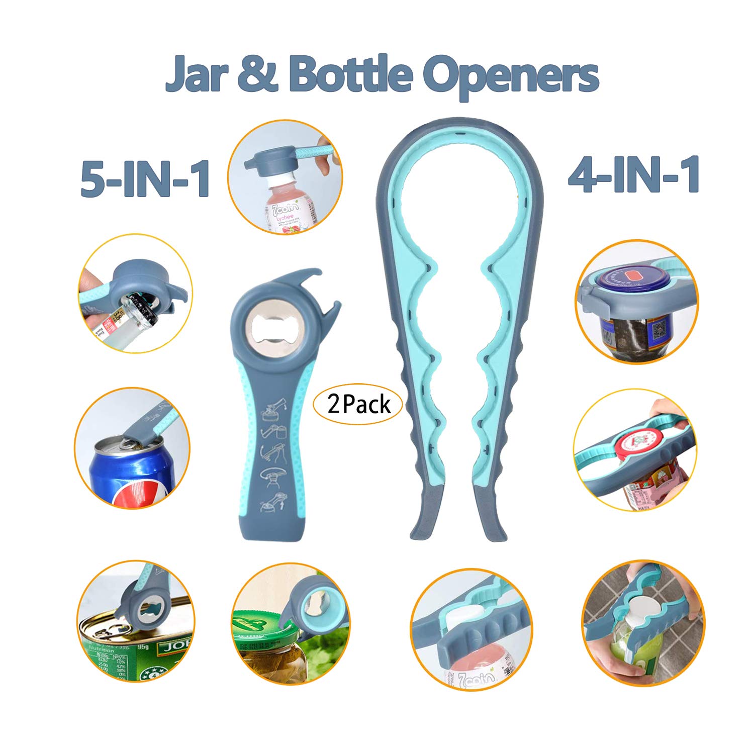 Jar Openers,Bottle Openers,Jar Lid Opener,Jar Gripper,4-in-1 and 5-in-1 Multi Kitchen Tools Set,Can Openers (Blue-2)