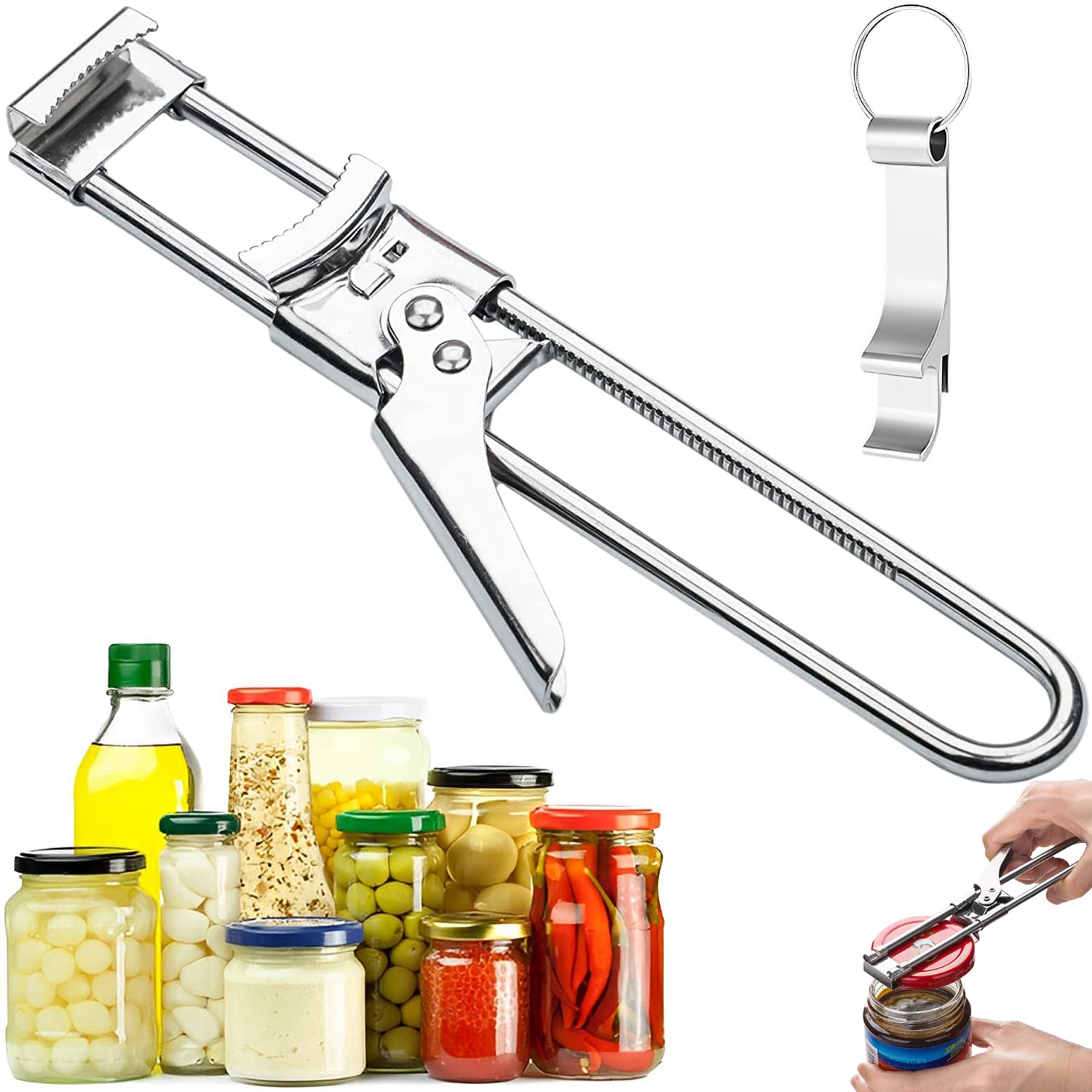 Stainless Steel Jar Opener, with Bottle Opener Keychain, Jar Opener for Weak Hands, Jar Opener for Seniors with Arthritis, Adjustable Stainless Steel Can Opener Kitchen Accessories