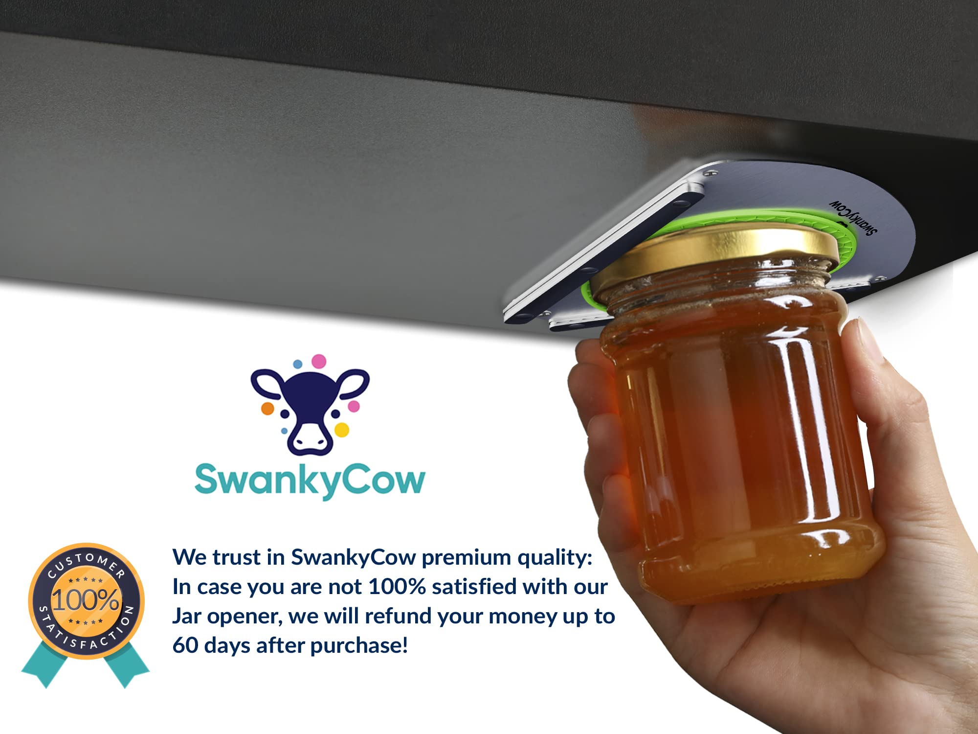 SWANKYCOW - Undercounter Stainless Steel Jar Opener & Bottle Cap Opener for Weak Hands or Seniors -Bonus Jar Opener Gripper Pads included - One Handed Jar Opener Gripper