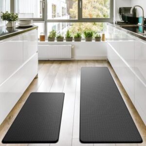 homergy anti fatigue kitchen mats for floor 2 pcs, memory foam cushioned rugs, comfort standing desk mats for office, home, laundry room, waterproof & ergonomic, 17.3×30.3 & 17.3×59, black