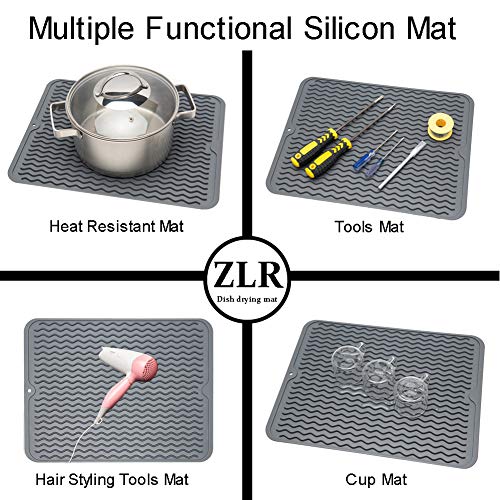 ZLR Silicone Dish Drying Mat for Kitchen Counter Large - Multi Usage Eco Friendly Drying Matt Kitchen Counter - Easy to Clean Heat Resistant Dish Drying Pad - 12" x 16" - Gray